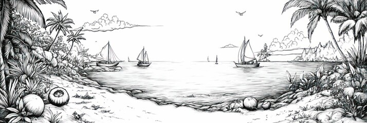 Obraz premium Monochrome serenity: Hand-drawn tropical landscape with sailboats in open sea