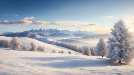  A serene winter wonderland featuring a blanket of snow over rolling hills, frosted trees, and a tranquil sky. Ideal for use in holiday marketing campaigns to evoke a cozy, festive atmosphere