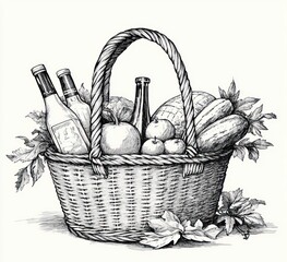 Fototapeta premium Hand drawn picnic basket with groceries wine fruits vegetables cheese bread milk salad and more