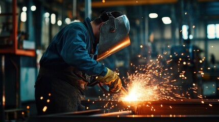 Welder welding metal pipes in a factory setting. Featuring focus and craftsmanship