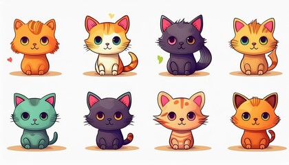 Adorable Set of Cartoon Cat Icons Playful and Vibrant, These Whimsical Felines Add Charm to Any Design, Perfect for Digital Art, Home Decor, or Inspiration
