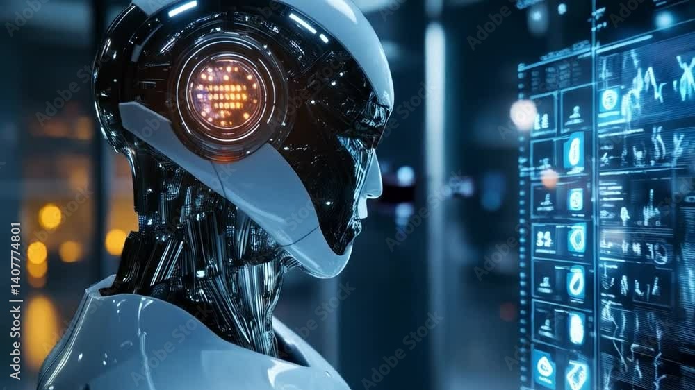 Poster A humanoid robot analyzes data on interactive digital displays in a high-tech training facility.