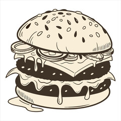 minimal, flat-style vector illustration of a juicy cheeseburger with double patties