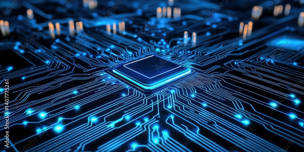 Poster close-up of a glowing microchip with intricate circuit patterns in blue tones.