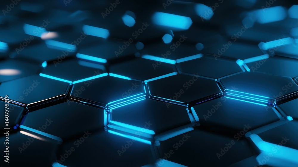 Poster abstract blue hexagonal pattern with glowing edges creating a futuristic feel.
