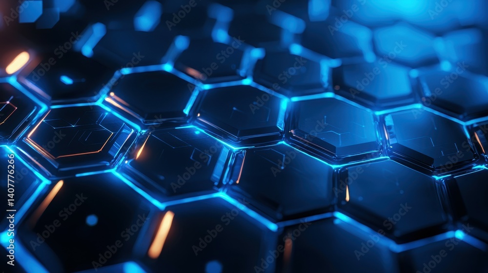 Poster close-up of a futuristic hexagonal pattern with vibrant blue glowing lights.