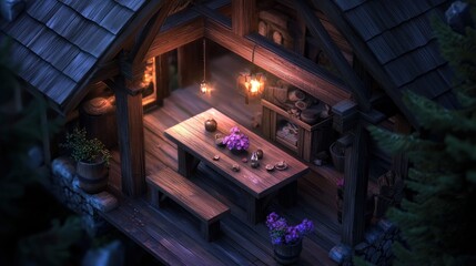 Cozy mountain cabin interior at night, rustic wooden table, plants, and warm light
