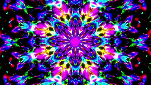 Kaleidoscope animation with vibrant symmetrical pattern, psychedelic mandala visual in seamless colorful loop for abstract concepts