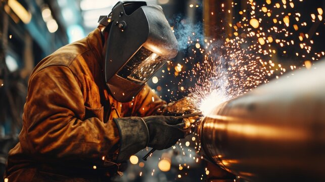 Welder welding metal pipes together with sparks flying. Featuring skill and focus