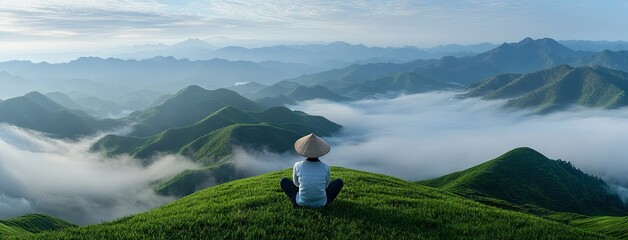 Obraz premium Gentle early morning mist blankets rolling green hills while a person sits in quiet reflection in a mountain landscape