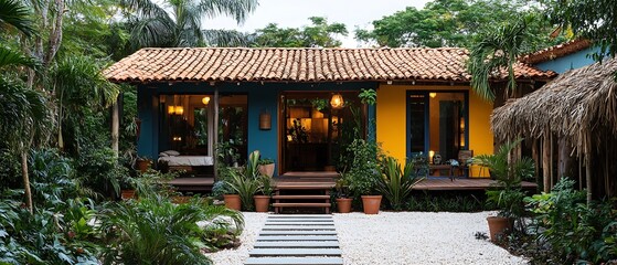 Obraz premium Colorful Tropical Cottage Courtyard