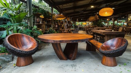 Wooden furniture set in tropical shop with dining area background