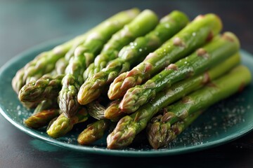 Fresh green asparagus spears arranged on a dark green plate with light seasoning sprinkled over them