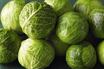 Fototapeta premium Fresh green Brussels sprouts piled together on a dark surface ready for cooking or preparation in autumn season