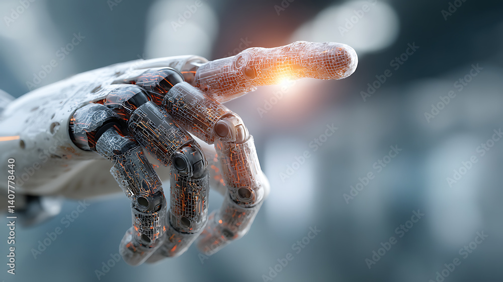 Poster futuristic robot hand close up with circuitry and finger pointing technology concept advances in art