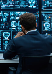 Fototapeta premium A professional individual analyzing data on multiple digital screens.
