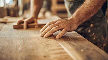 Carpenter sanding a wooden table in workshop. Featuring craftsmanship and attention to detail