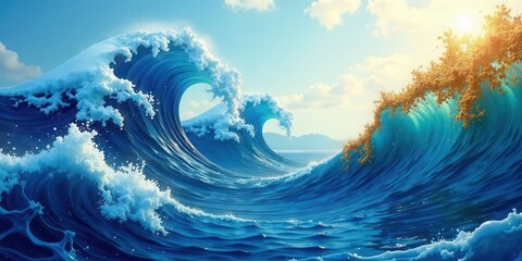 Majestic Ocean Waves Crashing Under a Sunny Sky, Creating a Breathtaking Scene of Natural Beauty