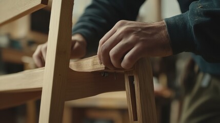 Carpenter assembling a wooden chair in a workshop. Featuring focus and craftsmanship