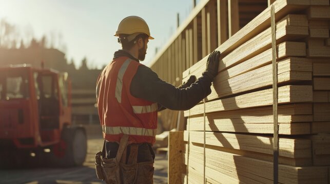 Construction worker unloading construction materials. Featuring efficiency and coordination