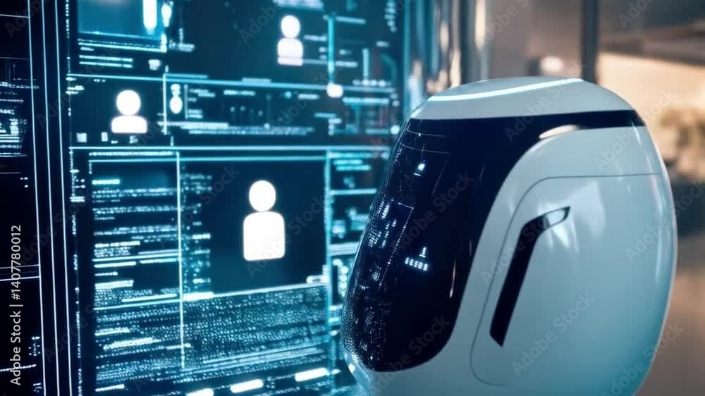 Poster A humanoid robot is actively involved in a training session, surrounded by digital data displays. This futuristic corporate environment showcases advanced technology and development practices.