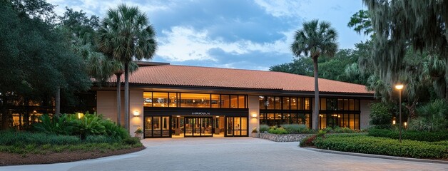 Elegant entrance of a modern building surrounded by lush tropical landscaping during twilight hours in a serene location