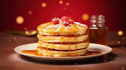 Stack of pancakes with syrup and raspberries.