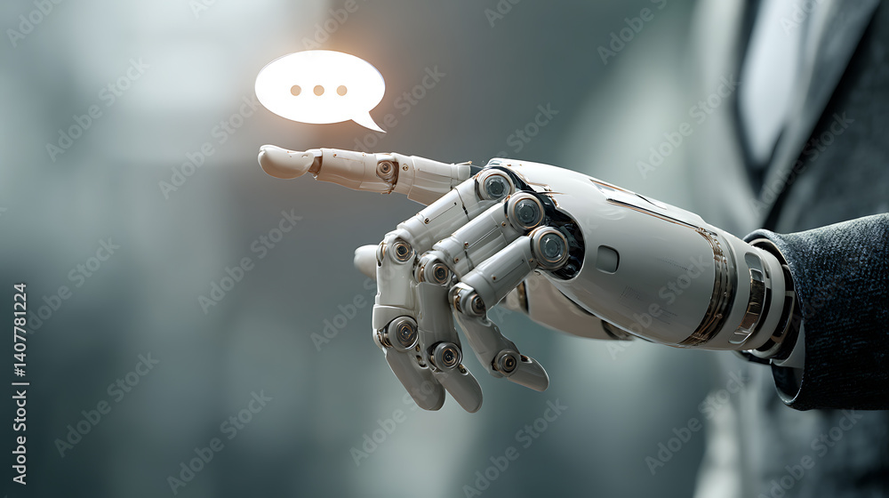 Poster robotic hand with speech bubble representing artificial intelligence chatbot communication and futur