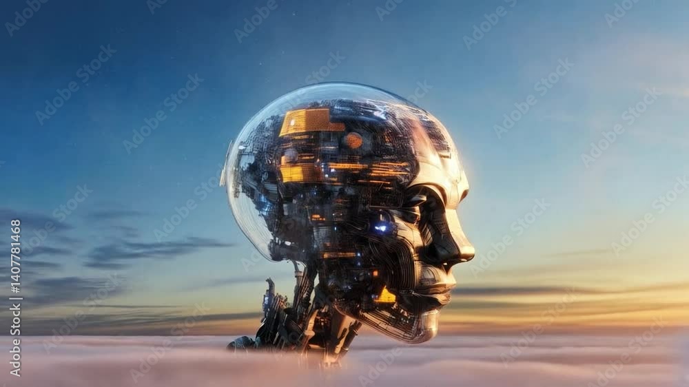 Poster A humanoid robot is positioned against a vibrant horizon, showcasing complex machinery and intricate details. This scene symbolizes the advancements in science and corporate development in robotics.