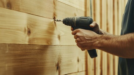 Construction worker using a drill to fix wooden planks to a wall. Featuring skill and precision