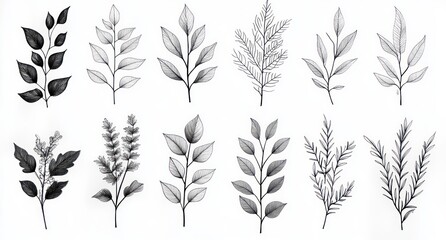 Botanical Leaves Ink Drawing Minimalist Style Black and White High Contrast Eucalyptus Fern Floral Design Elements