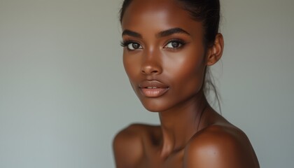 This striking close-up features a beautiful woman with glowing skin and mesmerizing eyes, exuding confidence and grace. Her natural beauty is accentuated by soft lighting, highlighting her flawless