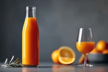 Freshly squeezed orange juice in a bottle and glass with oranges on a table