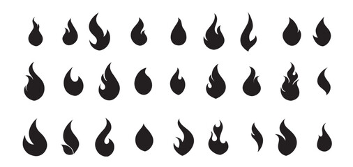 Fire icon collection. Fire flame symbol. Concept flame fire icon. Bonfire silhouette logotype. Flames symbols set flat style. Set hand drawn y2k style flame, fire frame. Trendy grunge scrawl elements
