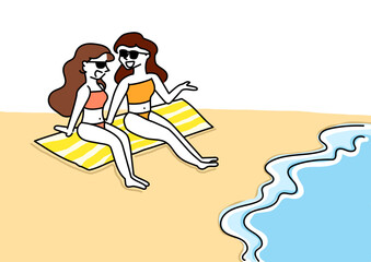 ビーチに座って話す女性2人
Two women in bikini on beach