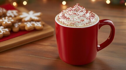 Cozy Red Mug Filled with Delicious Hot Chocolate Topped with Whipped Cream and Red Sprinkles on a Rustic Wooden Table with Festive Cookies