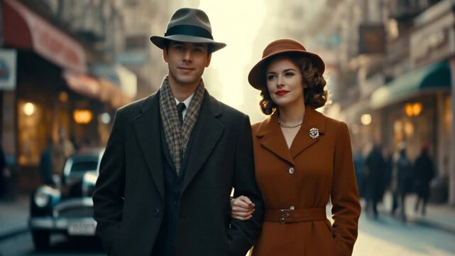 A stylish couple dressed in elegant vintage clothing walks arm in arm through a charming city street, radiating timeless romance and classic 1940s sophistication.