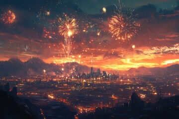 Fireworks explode above the city skyline, illuminating a beautiful sky. Great for events like New Year's, Independence day, or holiday celebrations.