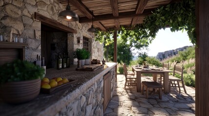 Fototapeta premium Rustic outdoor kitchen with Mediterranean view