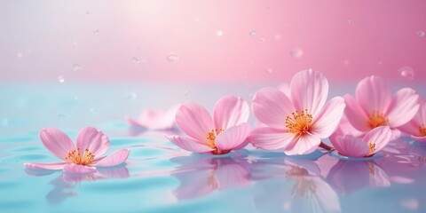 Delicate Pink Blossoms Floating Serenely on Calm Aqua Water with Gentle Raindrops