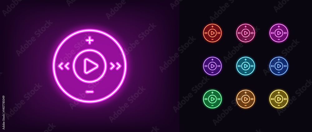 Poster outline neon audio player icon. glowing neon media control panel icon with play button, round multim
