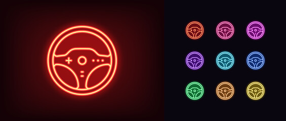 Outline neon steering wheel icon. Glowing neon race steering wheel icon, racing game simulator. Video game controller, car steering wheel, race arcade, drive simulator, gaming station. Vector icon set