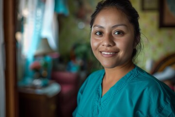 Young Hispanic nurse wearing scrubs in a nursing home smiling portrait