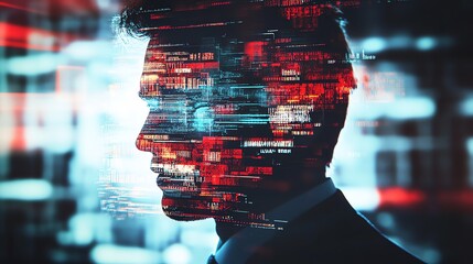 Person Profile with Digital Interface Overlay and Abstract Background