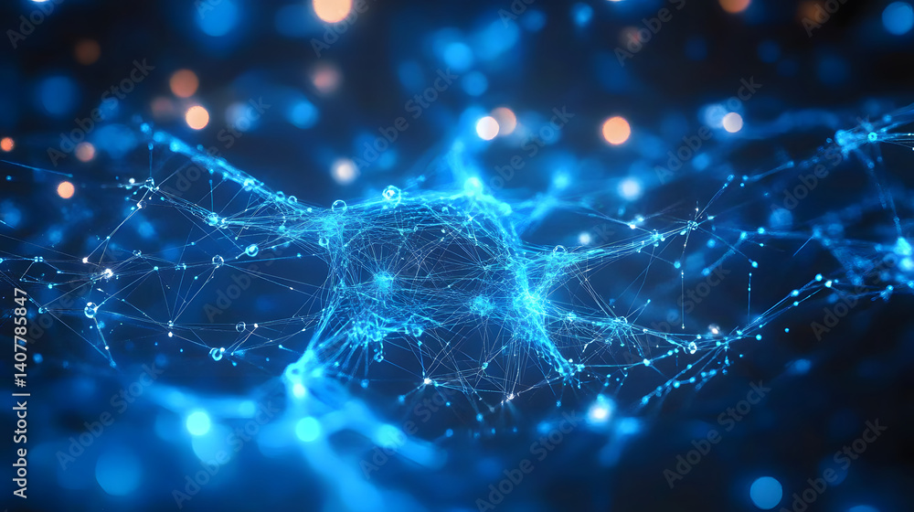 Poster abstract blue technology background with a cyber network grid and connected particles. artificial ne