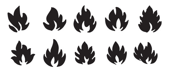 Collection of hand drawn fire icons. Fire Flames Icons Vector Set. Hand Drawn Doodle Sketch Fire, Black and White Drawing. Simple fire symbol