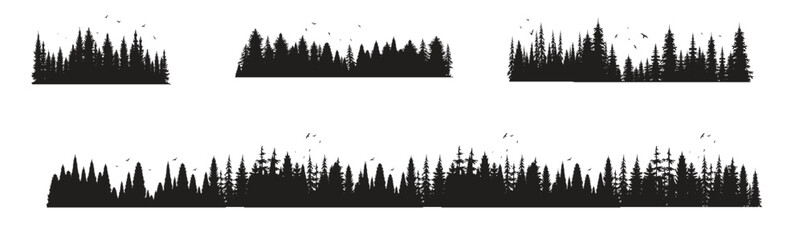 Collection of horizontal fir tree silhouettes and flying birds