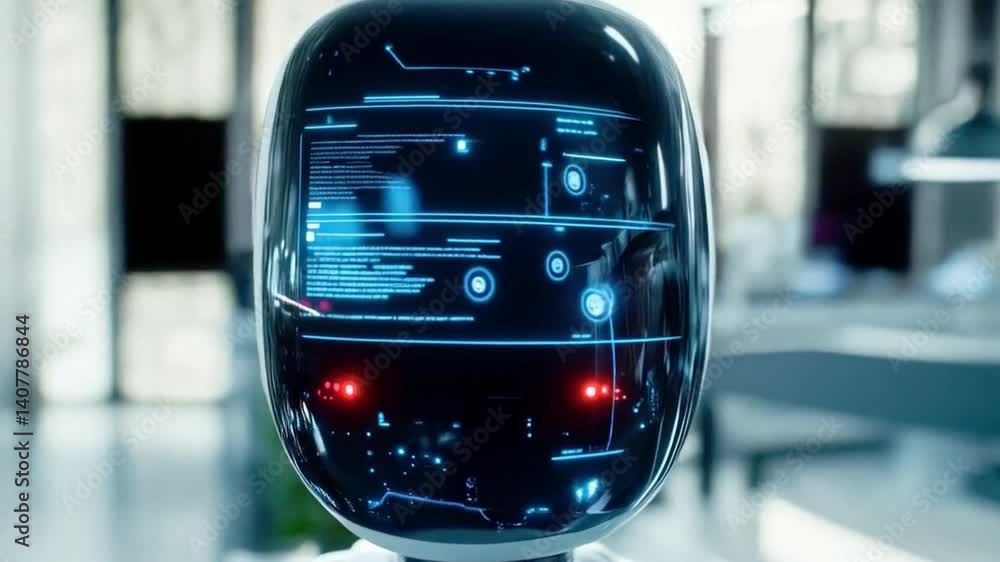 Poster A humanoid robot with a sleek design is positioned in a contemporary corporate setting, displaying digital interfaces on its screen.