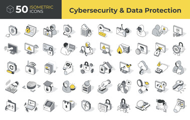 Cybersecurity, data protection, hacking, privacy, and online threats. Isometric icon set. Clean linear style, ideal for UI, apps, presentations, and infographics