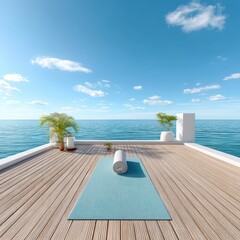 Obraz premium Serene Yoga Space Overlooking Calm Ocean Waters in Bright Daylight